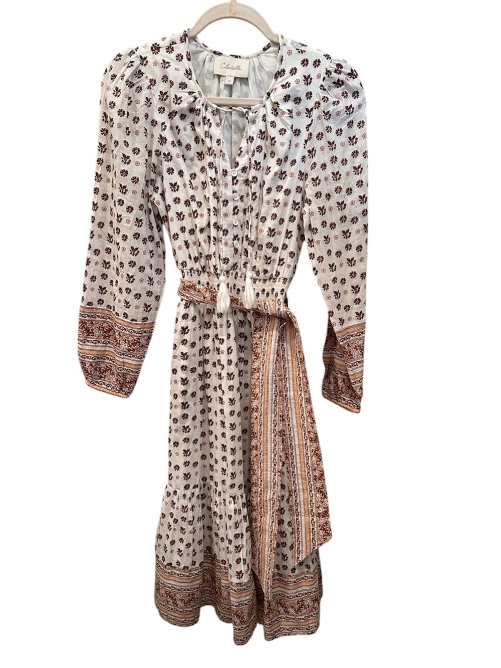 Cleobella Blakely Printed Boho Midi Dress Tie Bow Cottagecore Prairie Sz XS